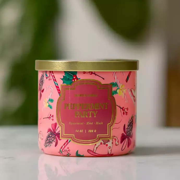 Hot Kirklands Home Peppermint Party Triple Wick Jar Candle Pink