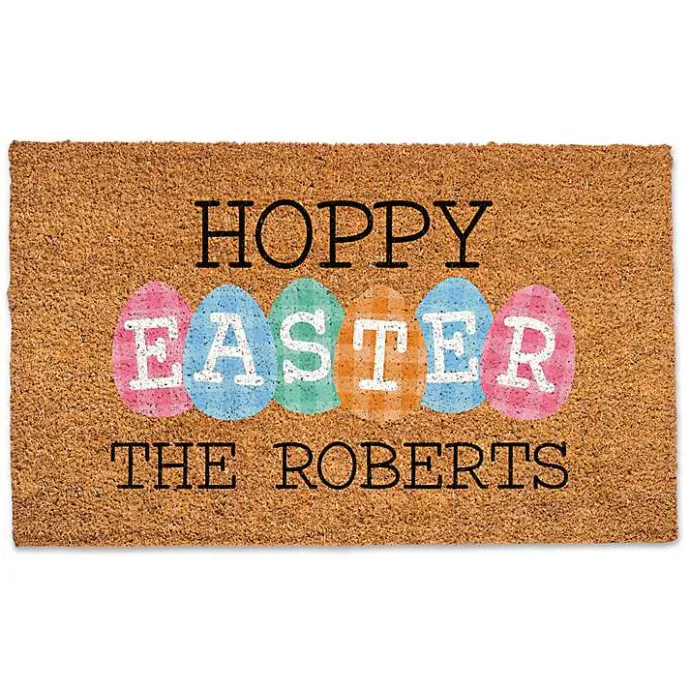 Kirklands Home Personalized Hoppy Easter Plaid Eggs Doormat Tan
