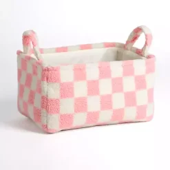 Kirklands Home & White Checkered Sherpa Storage Bin Pink