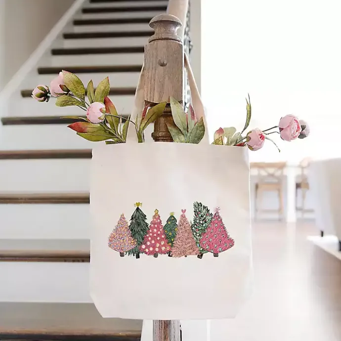 Clearance Kirklands Home Pink Christmas Trees Canvas Tote Bag