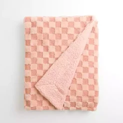 Kirklands Home Faux Fur and Boucle Checkerboard Throw Pink