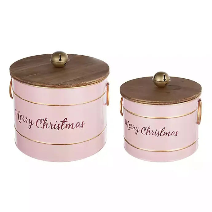 Hot Kirklands Home Iron Merry Christmas Lidded Baskets, Set of 2 Pink
