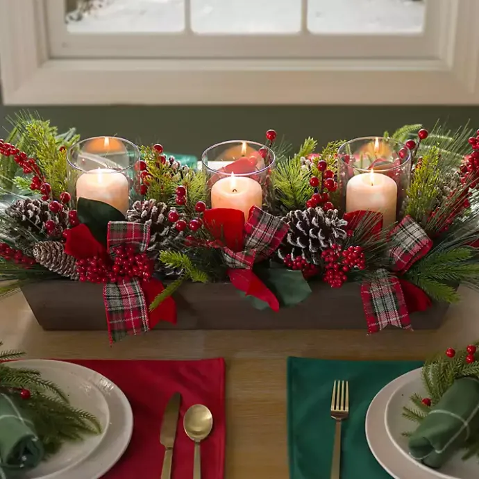 New Kirklands Home Plaid Ribbon and Berries Candle Centerpiece