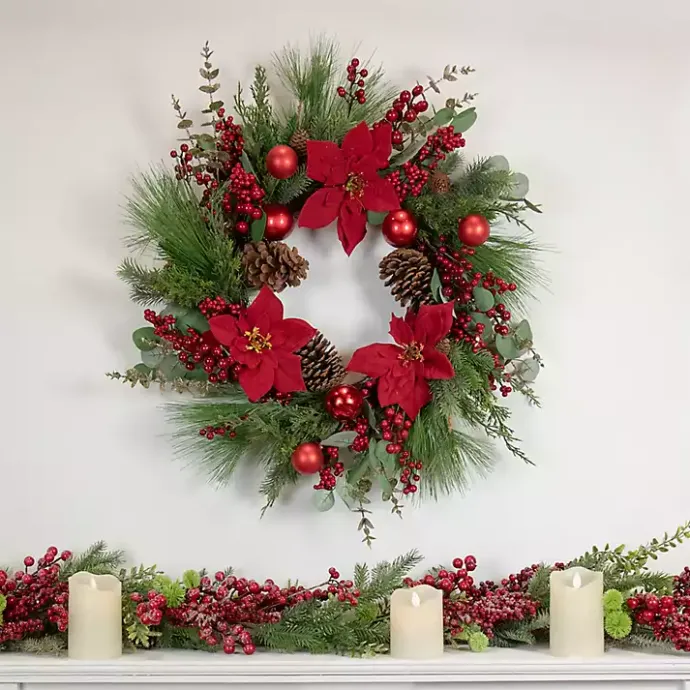 Sale Kirklands Home Poinsettia and Red Berry Wreath