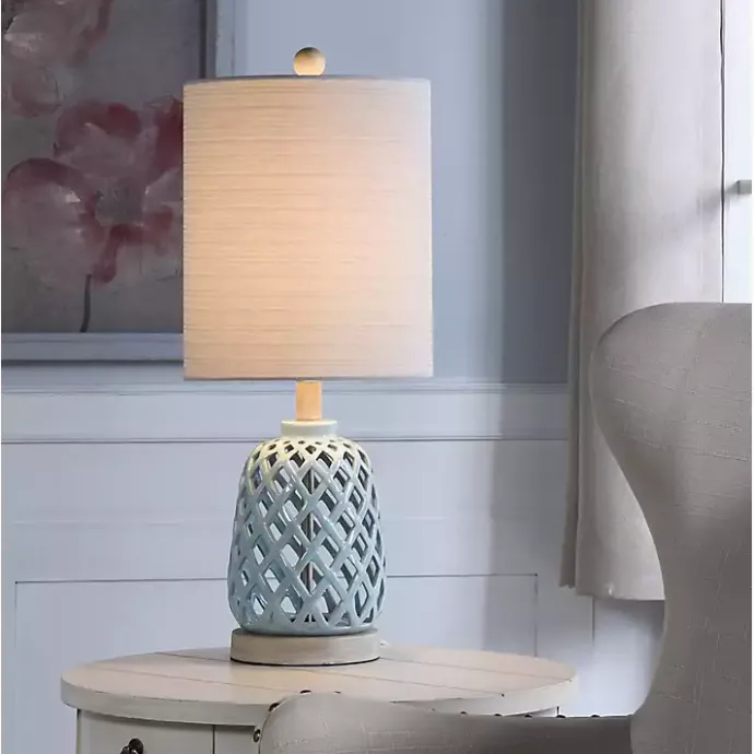 Clearance Kirklands Home Powder Blue Open Weave Ceramic Table Lamp Ivory