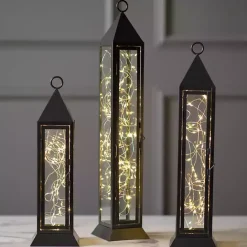 New Kirklands Home Pre-Lit Metal Twinkle Lights Lantern, 15 in. Black