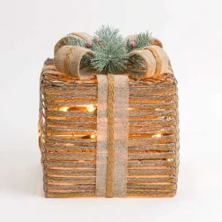 Hot Kirklands Home Pre-Lit Braided Burlap Christmas Gift Box, 10 in. Tan