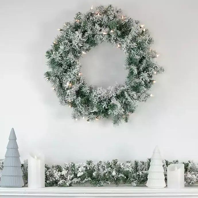 Online Kirklands Home Pre-lit Flocked Artificial Pine Wreath