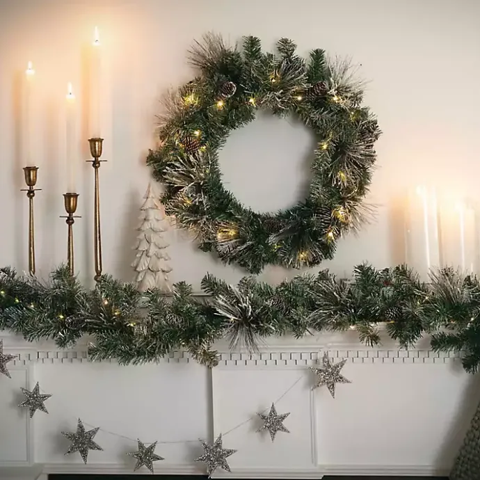 Discount Kirklands Home Pre-Lit Flocked Mixed Pine and Pinecone Garland Green