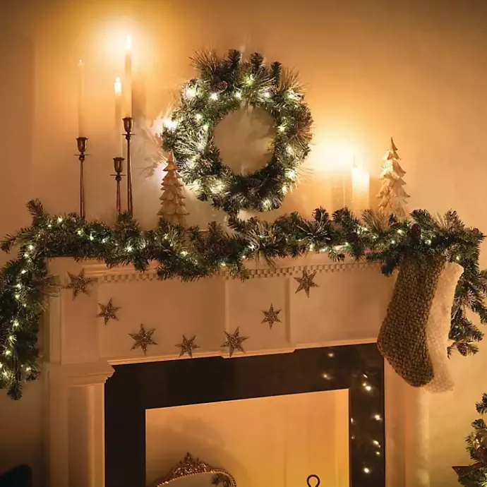 Discount Kirklands Home Pre-Lit Flocked Mixed Pine and Pinecone Garland Green