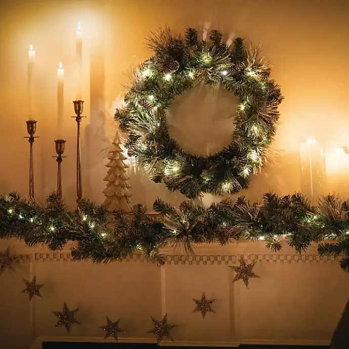 Discount Kirklands Home Pre-Lit Flocked Mixed Pine and Pinecone Garland Green