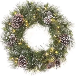 Kirklands Home Pre-lit Frosted White Berry and Pinecone Wreath Green