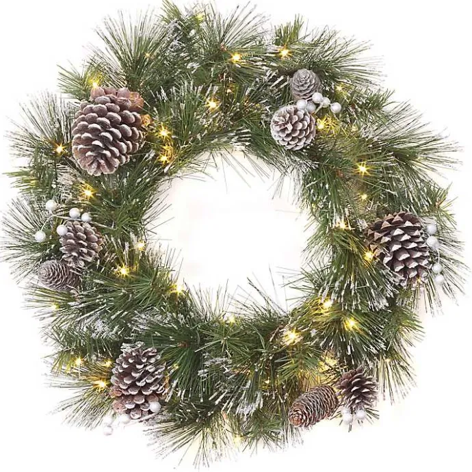 Kirklands Home Pre-lit Frosted White Berry and Pinecone Wreath Green