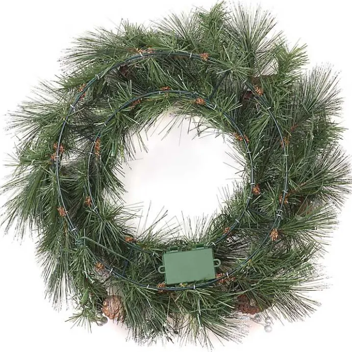 Kirklands Home Pre-lit Frosted White Berry and Pinecone Wreath Green