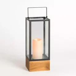 New Kirklands Home Pre-Lit Glass Lantern with Wood Base, 16 in.