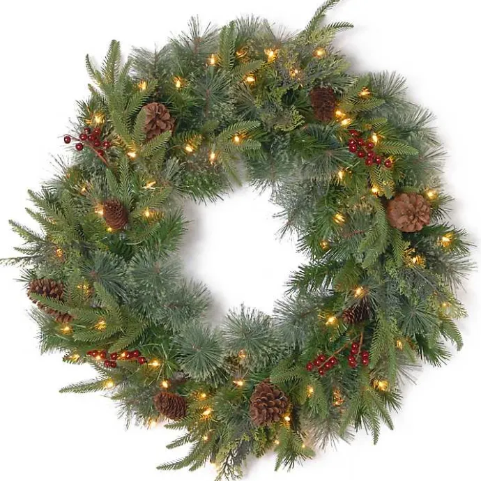 Discount Kirklands Home Pre-lit Real Touch Pine and Berry Wreath Green