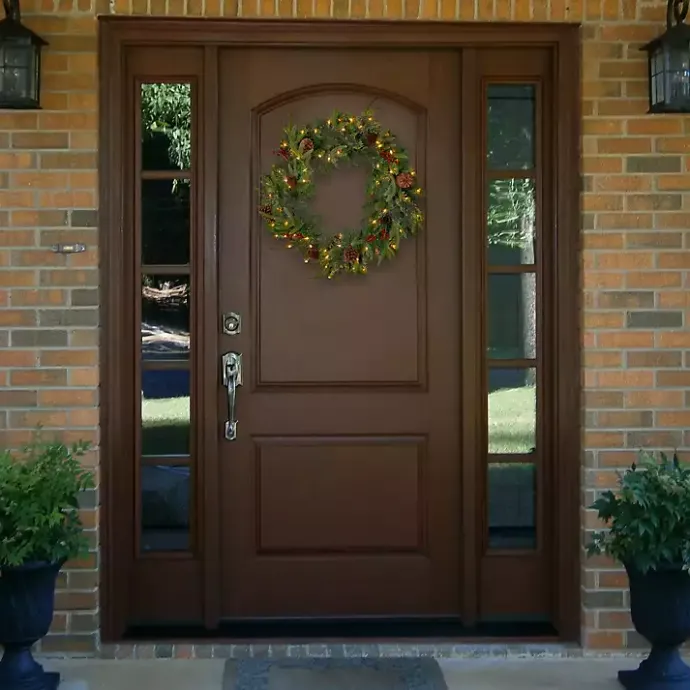 Discount Kirklands Home Pre-lit Real Touch Pine and Berry Wreath Green