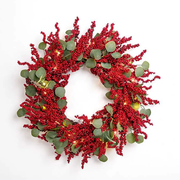 Discount Kirklands Home Pre-lit Red Berry and Eucalyptus Wreath