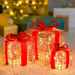 Hot Kirklands Home Pre-Lit Iridescent Christmas Gift Box, 8 in. Red