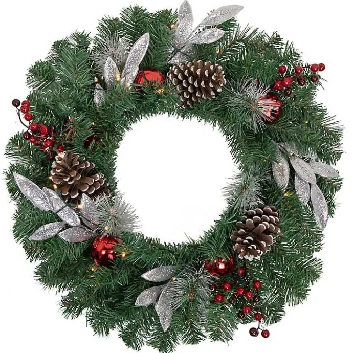 Online Kirklands Home Pre-Lit Silver Leaf and Pine Wreath Green