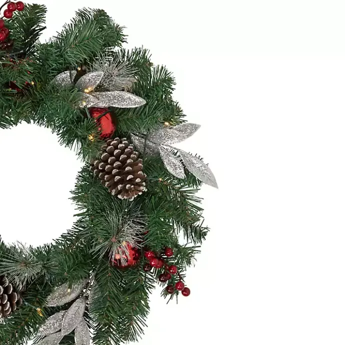 Online Kirklands Home Pre-Lit Silver Leaf and Pine Wreath Green