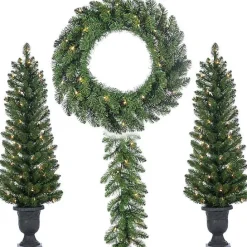 Outlet Kirklands Home Pre-Lit Vancouver Pine 4-pc. Christmas Floral Set Green