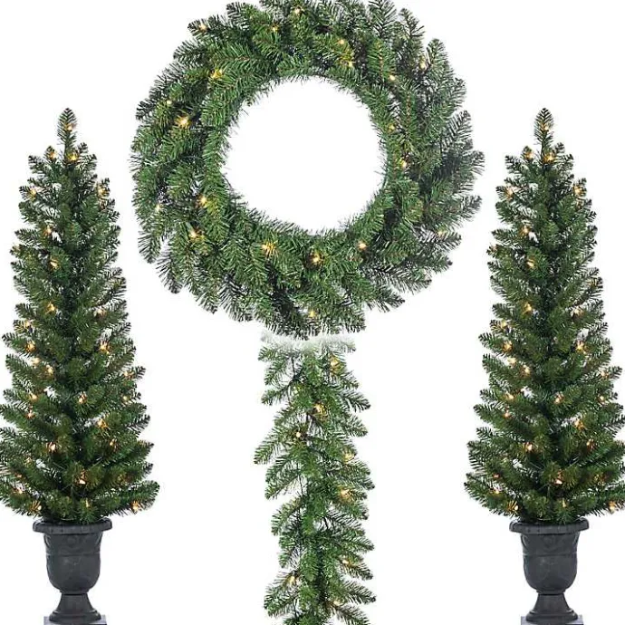 Outlet Kirklands Home Pre-Lit Vancouver Pine 4-pc. Christmas Floral Set Green