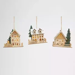 Sale Kirklands Home Pre-Lit Wooden House Christmas Ornaments, Set of 3 Tan