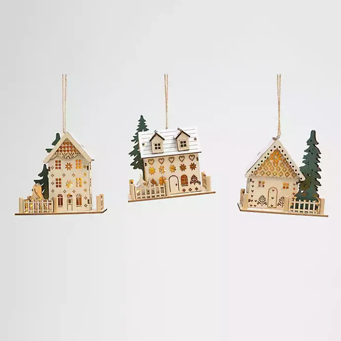 Sale Kirklands Home Pre-Lit Wooden House Christmas Ornaments, Set of 3 Tan