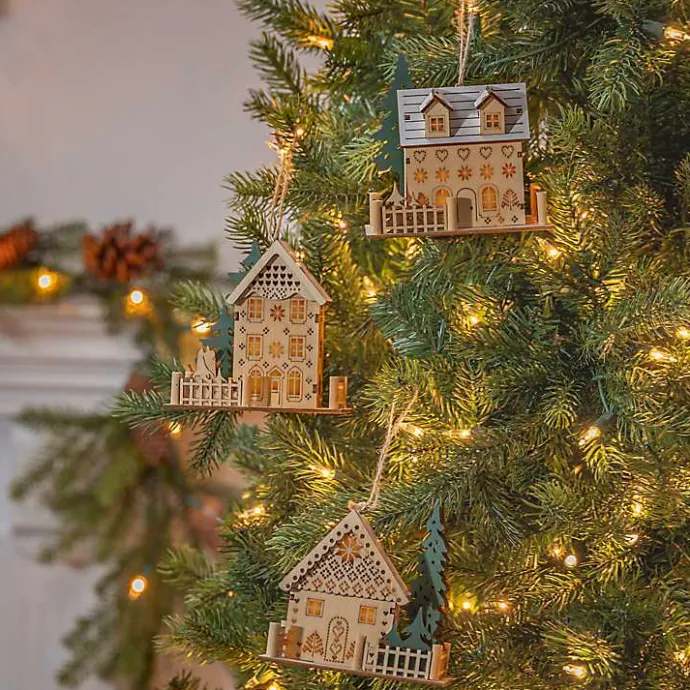 Sale Kirklands Home Pre-Lit Wooden House Christmas Ornaments, Set of 3 Tan