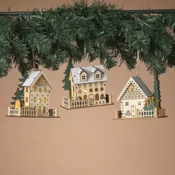 Sale Kirklands Home Pre-Lit Wooden House Christmas Ornaments, Set of 3 Tan