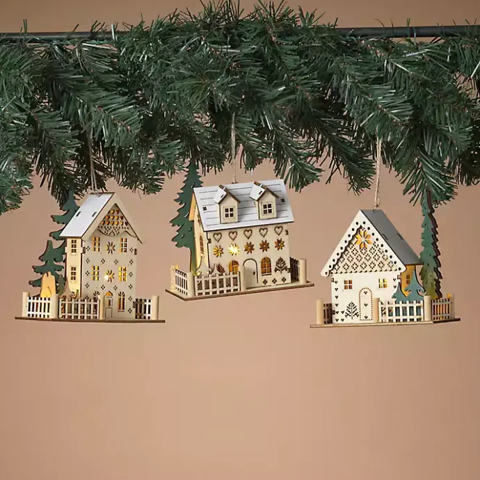 Sale Kirklands Home Pre-Lit Wooden House Christmas Ornaments, Set of 3 Tan