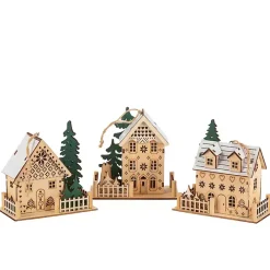 Sale Kirklands Home Pre-Lit Wooden House Christmas Ornaments, Set of 3 Tan