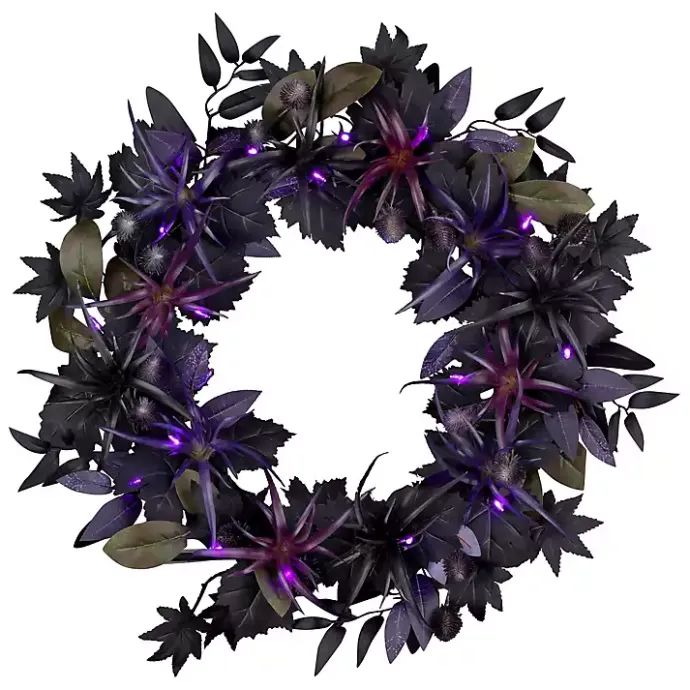 Kirklands Home Purple Pre-Lit Black Leaves Wreath
