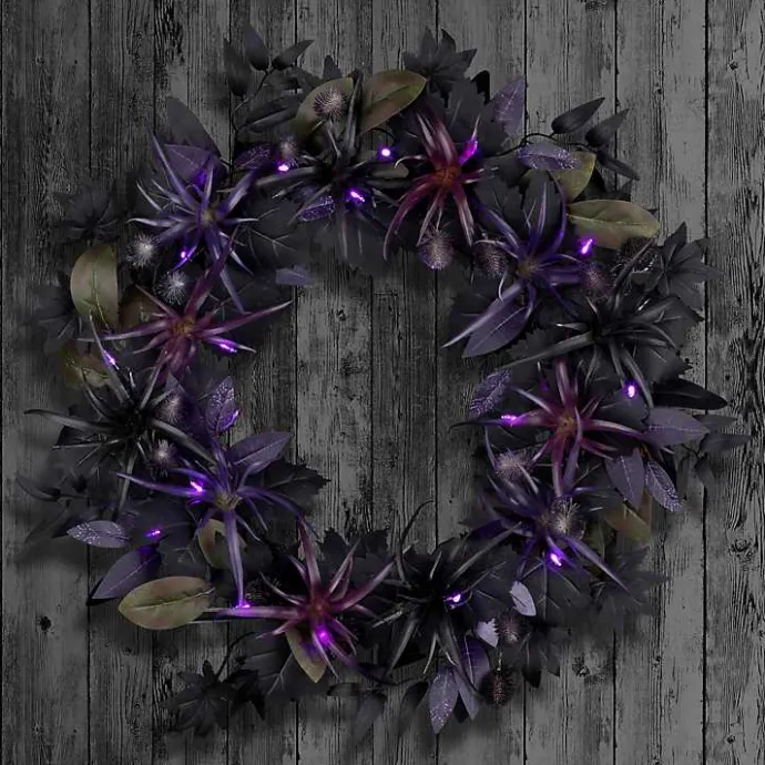 Kirklands Home Purple Pre-Lit Black Leaves Wreath
