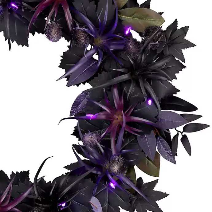 Kirklands Home Purple Pre-Lit Black Leaves Wreath