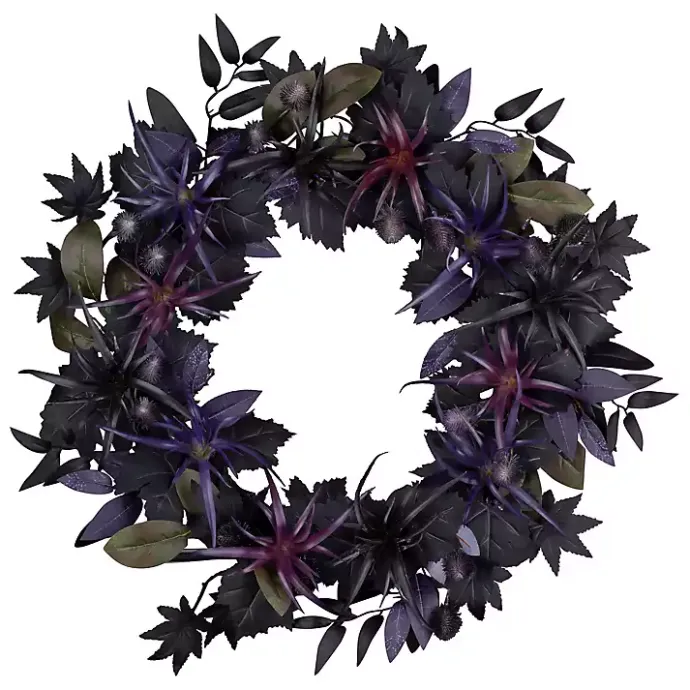 Kirklands Home Purple Pre-Lit Black Leaves Wreath