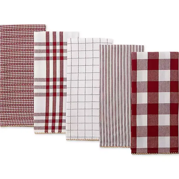 New Kirklands Home Red & White Woven Patterns 5-pc. Dish Towel Set