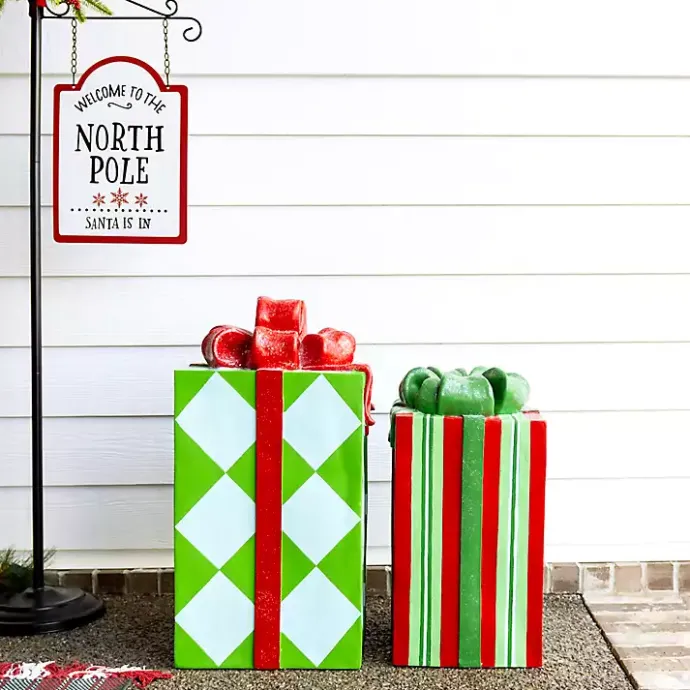 Sale Kirklands Home Red and Green Striped Christmas Present Statue