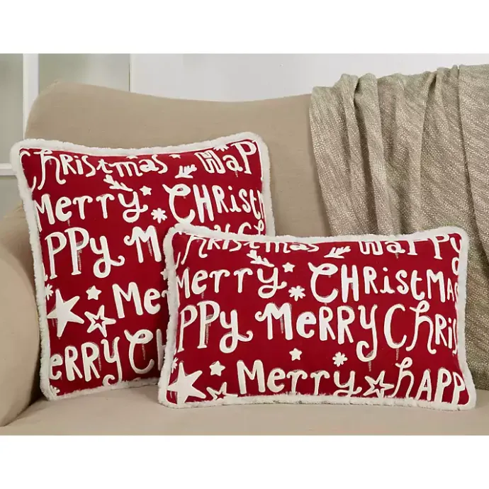 Best Kirklands Home Red and White Merry Happy Christmas Lumbar Pillow