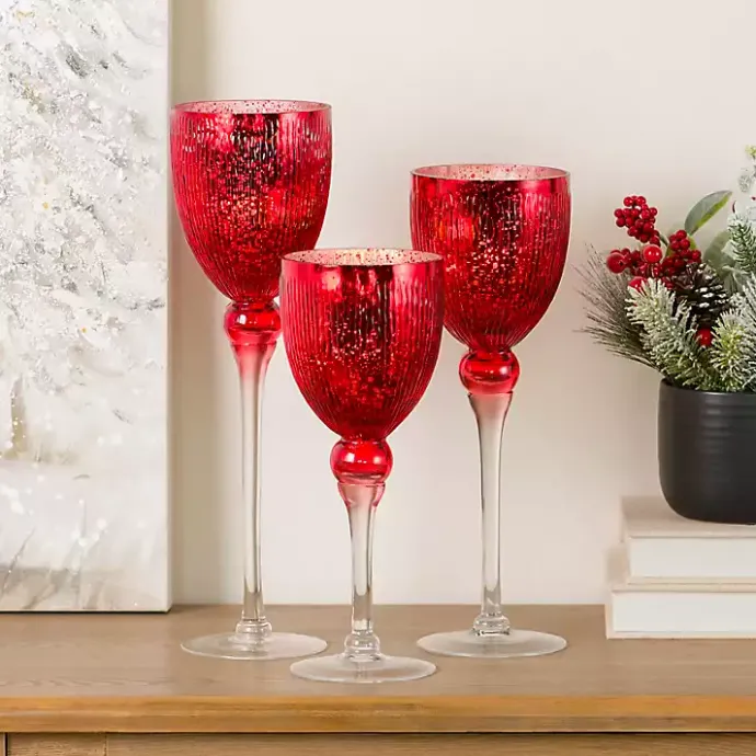 Hot Kirklands Home Glass Hurricane Charismas, Set of 3 Red