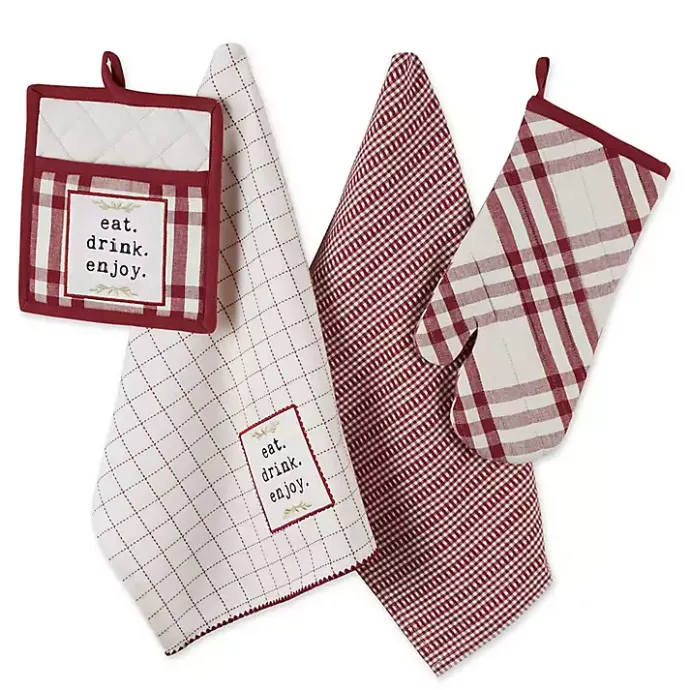 Discount Kirklands Home Red Plaid Eat Drink Enjoy 4-pc. Dish Towel Set