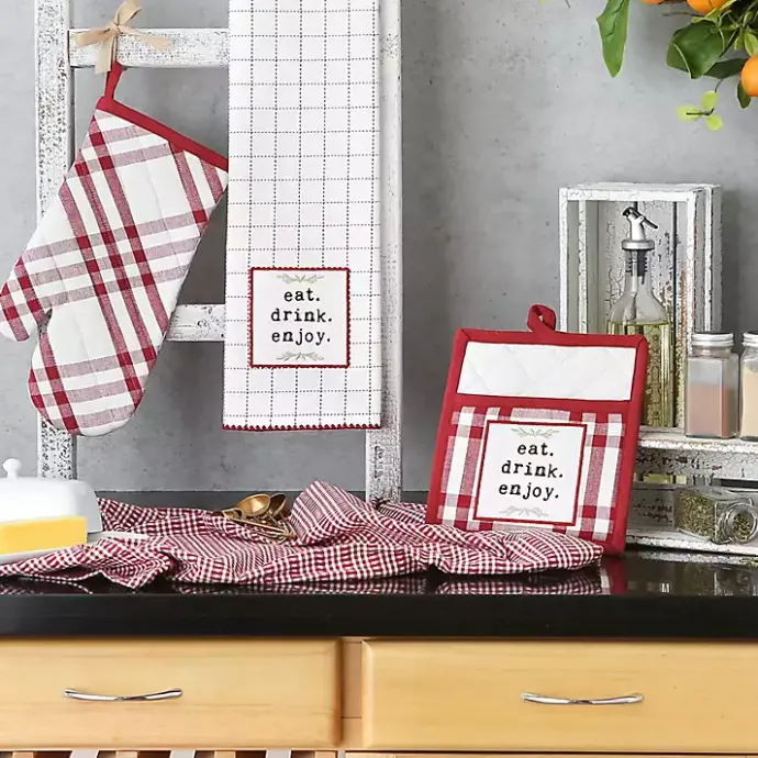 Discount Kirklands Home Red Plaid Eat Drink Enjoy 4-pc. Dish Towel Set