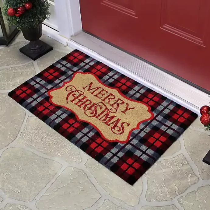 Kirklands Home Red Plaid Merry Christmas Doormat