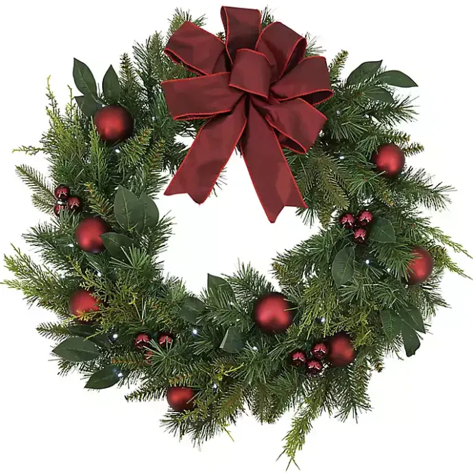 Online Kirklands Home Red Velvet Ribbon and Ornaments Pre-Lit Wreath