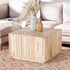 Online Kirklands Home Repurposed Wood Logs Square Coffee Table Tan