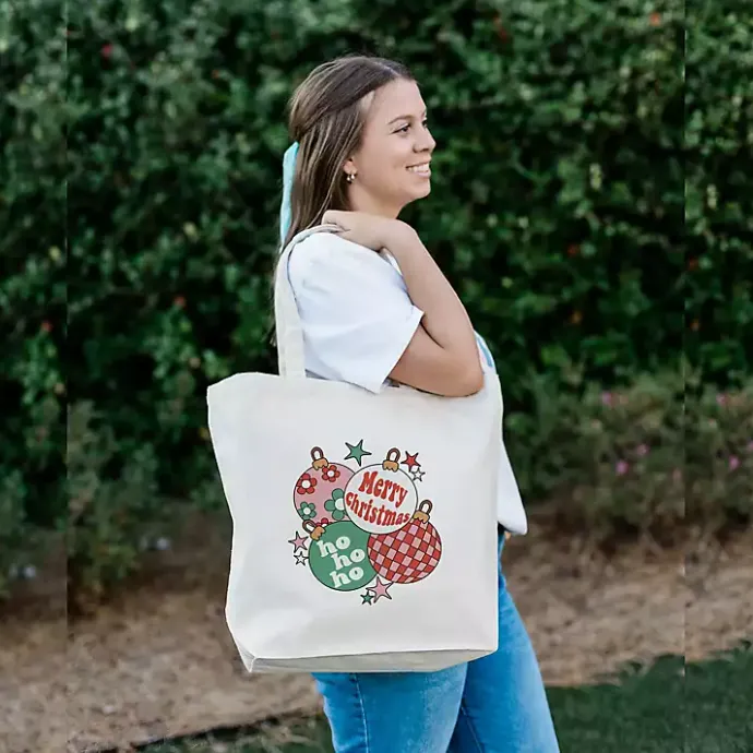 Clearance Kirklands Home Retro Christmas Ornaments Canvas Tote Bag