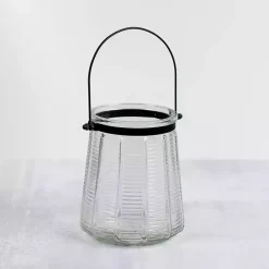 Outlet Kirklands Home Ribbed Glass Lantern with Metal Handle, 6 in. Clear