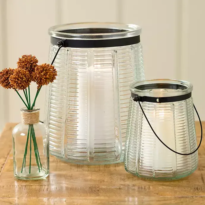 Outlet Kirklands Home Ribbed Glass Lantern with Metal Handle, 6 in. Clear