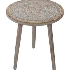 Online Kirklands Home Round Antique Engraved Accent Table Gray